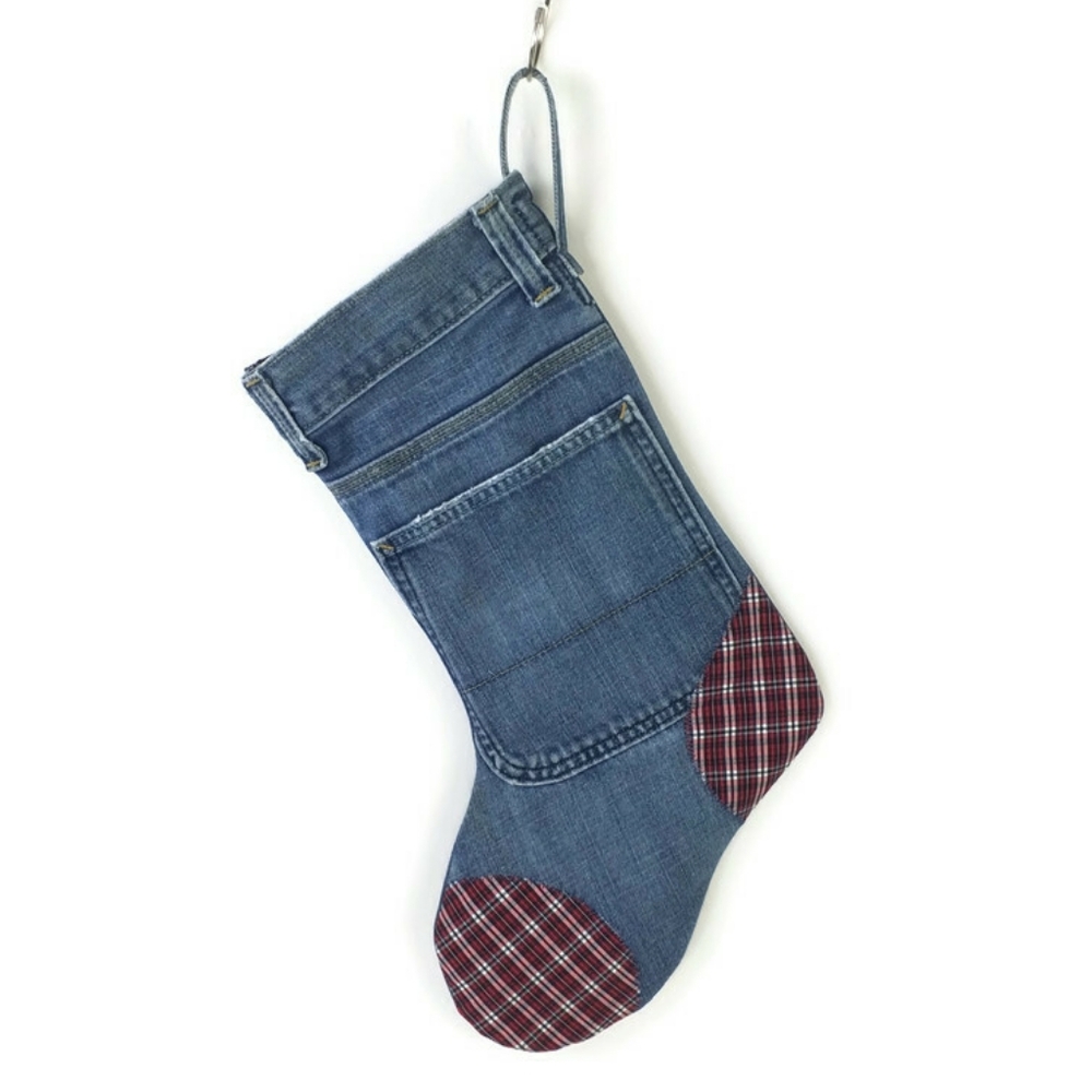 Hand Made Upcycled Medium Blue Wash Lined 17" Hanging Denim Stocking Boot